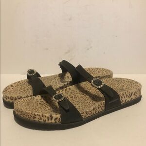 Mephisto Black Leopard Print Slides Sandals